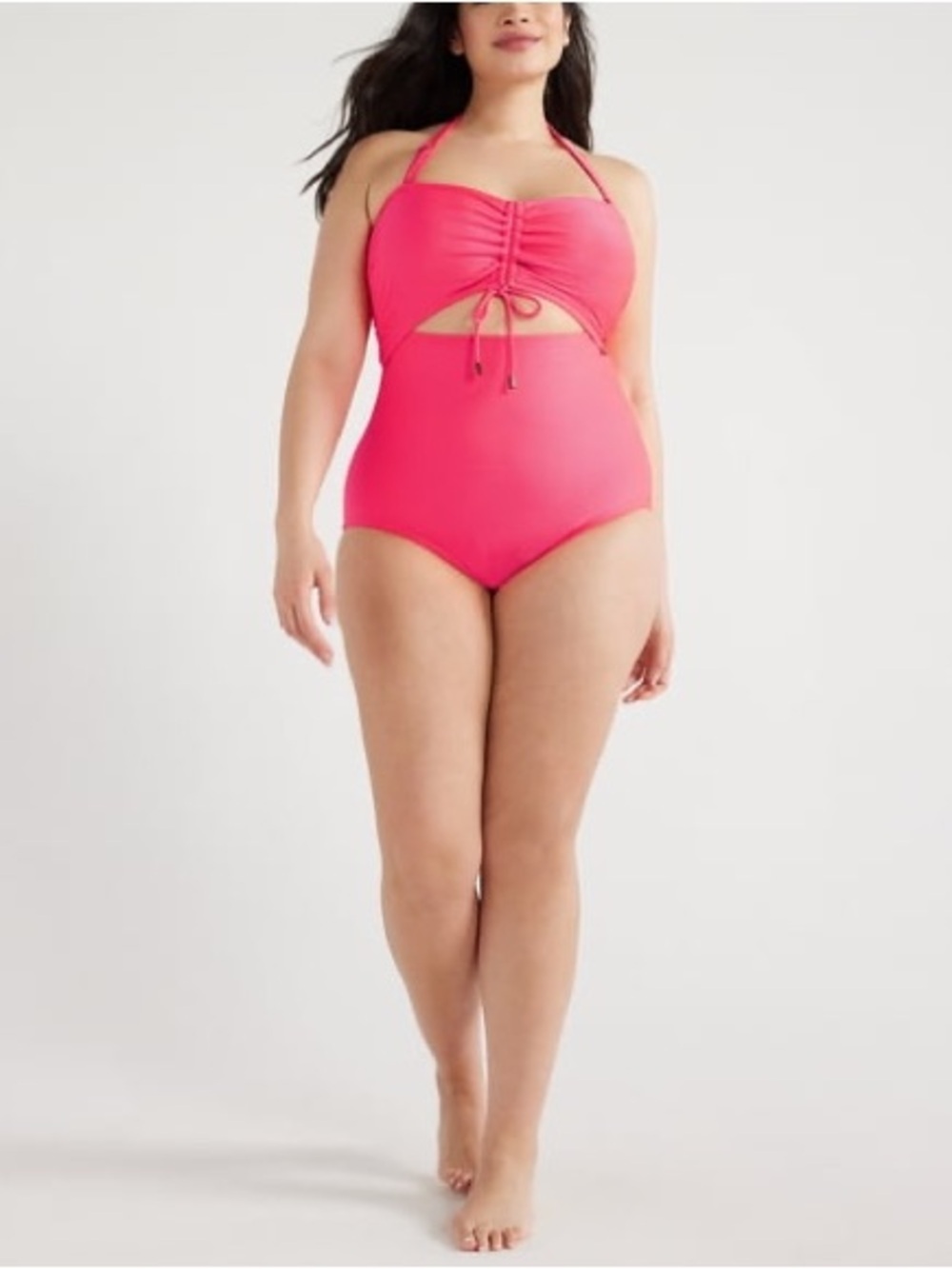 Ribbed Cutout One Piece Swimsuit Hot Pink Halter XL Time & Tru